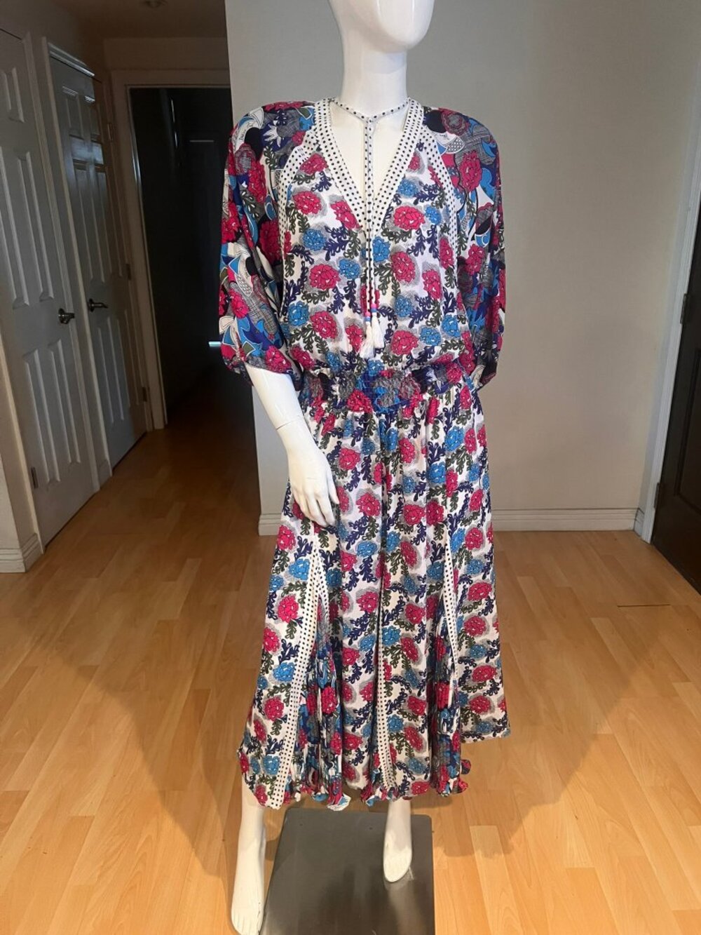 VINTAGE 80'S DIANE FREIS FLORAL GEORGETTE SMOCKED WAIST MIDI DRESS SZ M MEDIUM